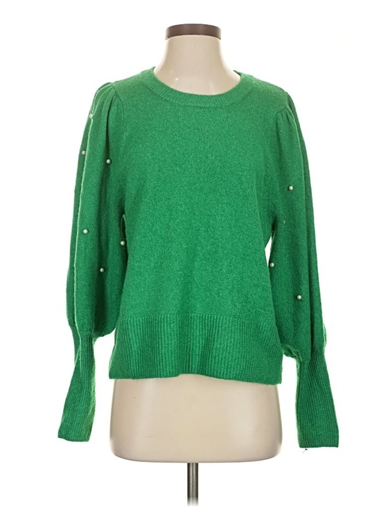 CeCe Sweaters - CeCe Emerald Green Pearl-Embellished Crewneck Sweater - Large